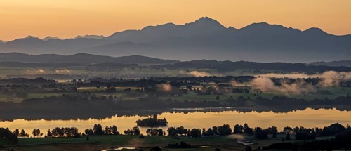 Lake, mountains, morning light, sunrise, fog, summer, panorama, Staffelsee, Murnau, Alpine