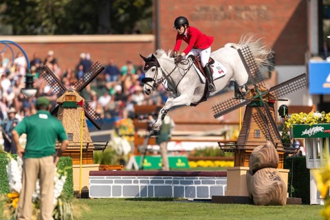 Susan Horn of Canada, riding, Dominka Van De Lucashoeve, competes in the first round of the 2025