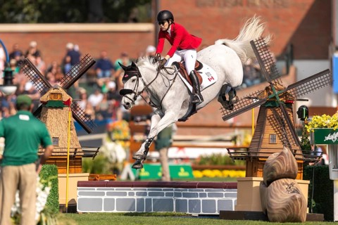 Susan Horn of Canada, riding, Dominka Van De Lucashoeve, competes in the first round of the 2025