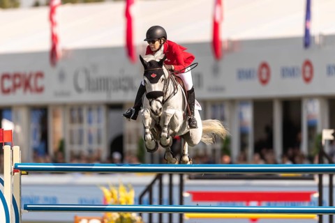 Susan Horn of Canada, riding, Dominka Van De Lucashoeve, competes in the first round of the 2025