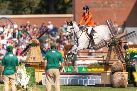 Kevin Jochems of the Netherlands, riding Camilla Van de Helle, competes in the first round of the