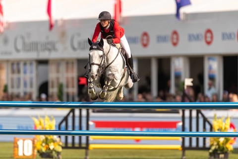 Katharina Rhomberg of Austria, riding Colestus Cambridge, competes in the first round of the 2025