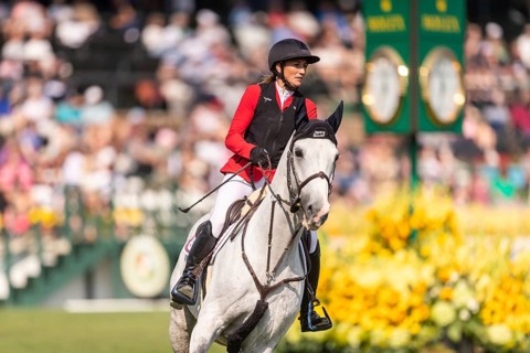 Katharina Rhomberg of Austria, riding Colestus Cambridge, competes in the first round of the 2025