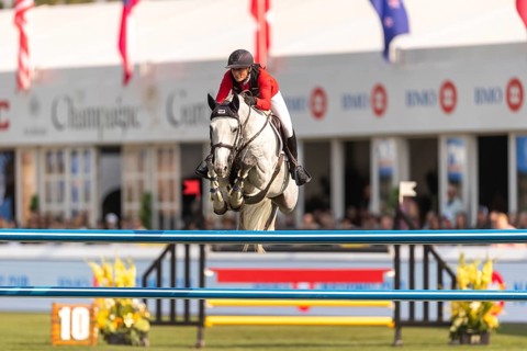 Katharina Rhomberg of Austria, riding Colestus Cambridge, competes in the first round of the 2025