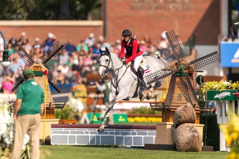 Katharina Rhomberg of Austria, riding Colestus Cambridge, competes in the first round of the 2025