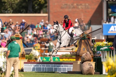 Katharina Rhomberg of Austria, riding Colestus Cambridge, competes in the first round of the 2025