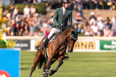 Daniel Coyle of Ireland, riding Legacy, competes in the first round of the 2025 BMO Nations Cup