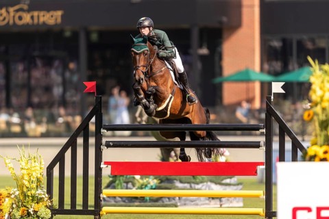 Daniel Coyle of Ireland, riding Legacy, competes in the first round of the 2025 BMO Nations Cup