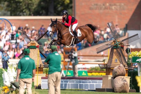 Sophie Hinners of Germany, riding Iron Dames Singclair, competes in the first round of the 2025 BMO