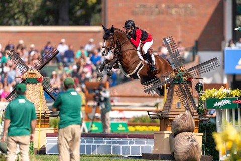 Sophie Hinners of Germany, riding Iron Dames Singclair, competes in the first round of the 2025 BMO