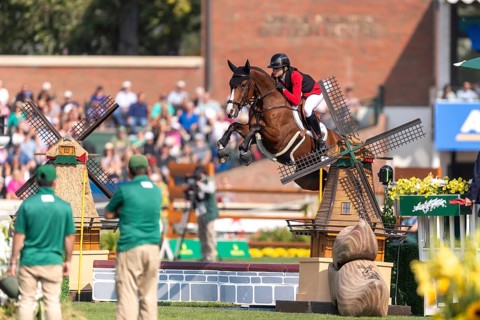 Sophie Hinners of Germany, riding Iron Dames Singclair, competes in the first round of the 2025 BMO