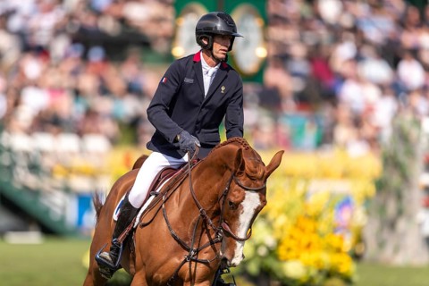Kevin Staut of France, riding Queens Balou B, competes in the first round of the 2025 BMO Nations