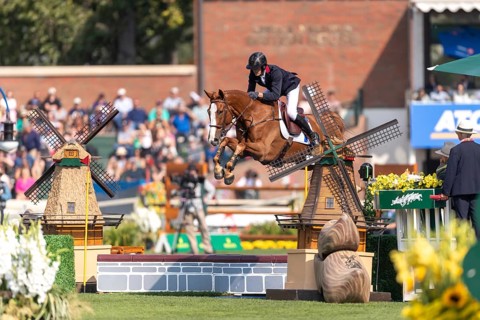 Kevin Staut of France, riding Queens Balou B, competes in the first round of the 2025 BMO Nations
