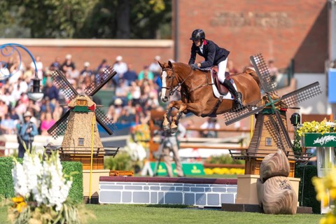Kevin Staut of France, riding Queens Balou B, competes in the first round of the 2025 BMO Nations