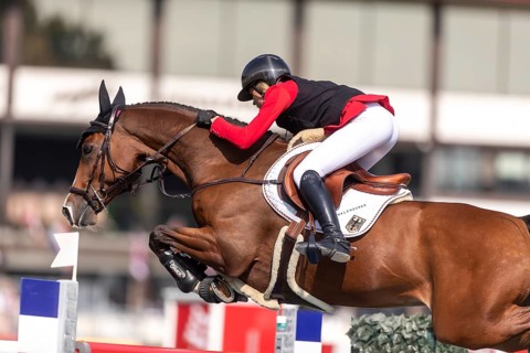 Sophie Hinners of Germany, riding Iron Dames Singclair, competes in the first round of the 2025 BMO
