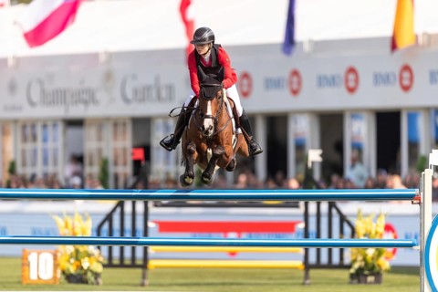 Sophie Hinners of Germany, riding Iron Dames Singclair, competes in the first round of the 2025 BMO