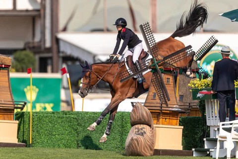 Nina Mallevaey of France, riding Nikka VD Bisschop, competes in the first round of the 2025 BMO