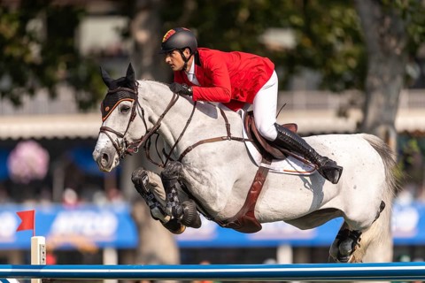 Nicola Philippaerts of Belgium, riding Qnokke de Muze, competes in the first round of the 2025 BMO