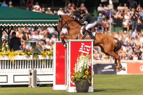 Gabriel De Matos Machado of Brazil, riding Nyles Van de Mottelhoeve, competes in the first round of
