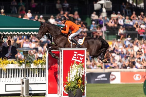 Michael Greeve of the Netherlands, riding Denver, competes in the first round of the 2025 BMO
