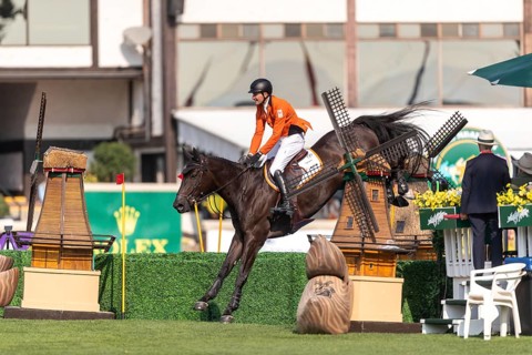 Michael Greeve of the Netherlands, riding Denver, competes in the first round of the 2025 BMO