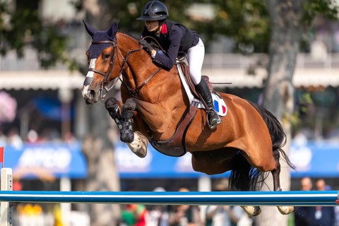Nina Mallevaey of France, riding Nikka VD Bisschop, competes in the first round of the 2025 BMO