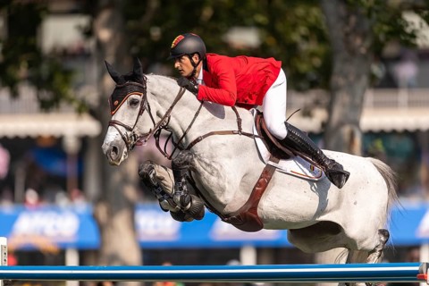 Nicola Philippaerts of Belgium, riding Qnokke de Muze, competes in the first round of the 2025 BMO