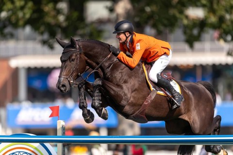 Michael Greeve of the Netherlands, riding Denver, competes in the first round of the 2025 BMO