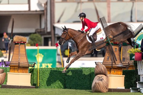 Tiffany Foster of Canada, riding Electrique, competes in the first round of the 2025 BMO Nations