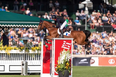 Nina Mallevaey of France, riding Nikka VD Bisschop, competes in the first round of the 2025 BMO