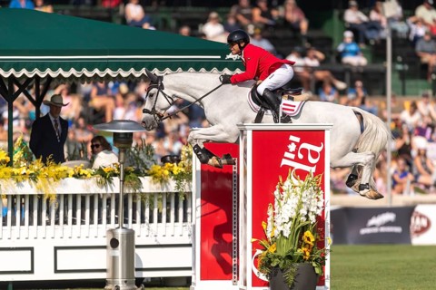 Marcus Saurugg of Austria, riding Oboras Crunchy Nut, competes in the first round of the 2025 BMO
