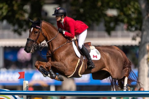Tiffany Foster of Canada, riding Electrique, competes in the first round of the 2025 BMO Nations
