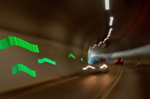 Blurred car lights, road tunnel near Isny, Allgäu, Baden-Württemberg, Germany