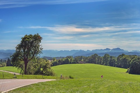 Blue sky, foehn clouds, country road, green meadows and Austrian and Swiss Alps near Tautenhofen,