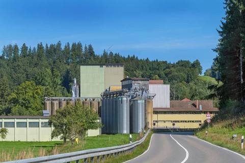 Mixed forest and factory with silo towers near Eglofs, Allgäu, Baden-Württemberg, Germany