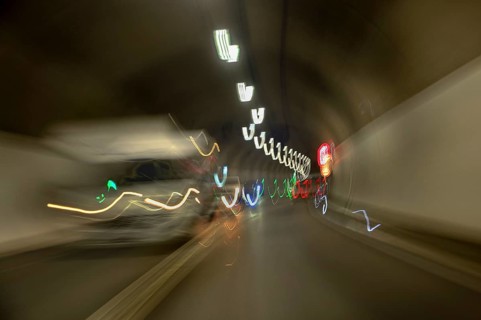 Blurred car lights, road tunnel near Isny, Allgäu, Baden-Württemberg, Germany