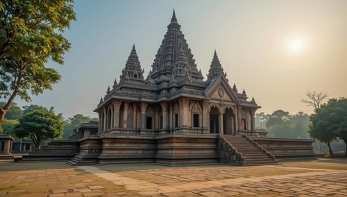 A majestic ancient temple stands proudly amidst a tranquil landscape, bathed in the warm glow of