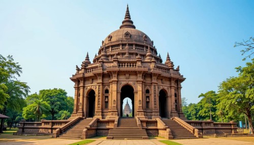 A stunning shot of a grand, ancient building with intricate details, set against a clear blue sky,