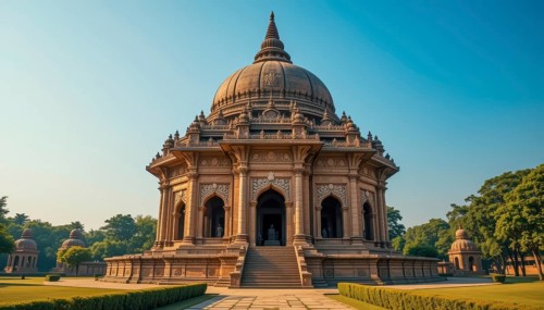 A majestic temple with intricate carvings and a large dome stands prominently against a clear blue