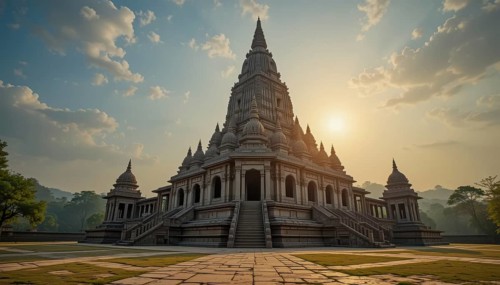A grand, ancient temple stands majestically against a beautiful sunset, with intricate architecture