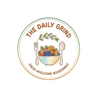 A watercolor-style logo for 'The Daily Grind' showcasing a bowl of blueberries, strawberries, and