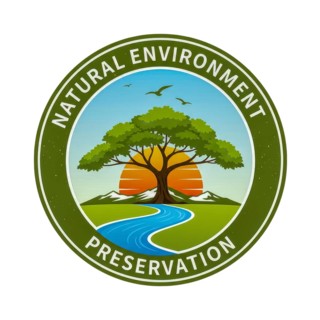 A circular logo design promoting natural environment preservation, featuring a tree, river,