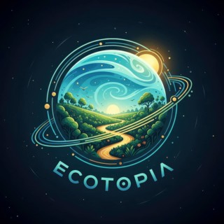 This artwork depicts a stylized planet with rolling hills, a winding road, and lush greenery, all
