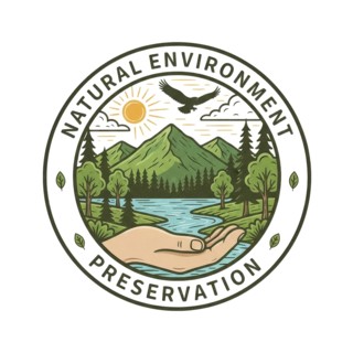 A circular emblem featuring a scenic landscape with mountains, a river, and a hand cradling the