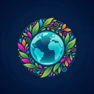 A vibrant illustration depicts the Earth encircled by a wreath of colorful leaves, symbolizing