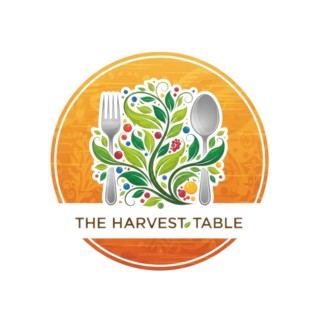 This logo showcases a fork and spoon flanking a lush arrangement of leaves and berries, all set