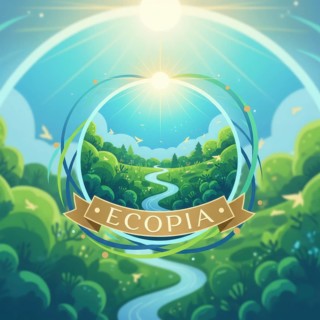 The image depicts a serene landscape with a winding river, surrounded by trees and a bright sun,