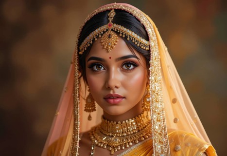 A stunning portrait of an Indian bride adorned in exquisite gold jewelry and a vibrant yellow sari,