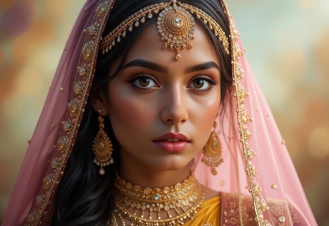 A stunning portrait of a young Indian woman adorned in exquisite gold jewelry and a pink veil,