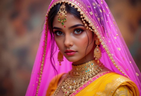 A stunning portrait of an Indian bride, showcasing her radiant beauty and intricate gold jewelry,
